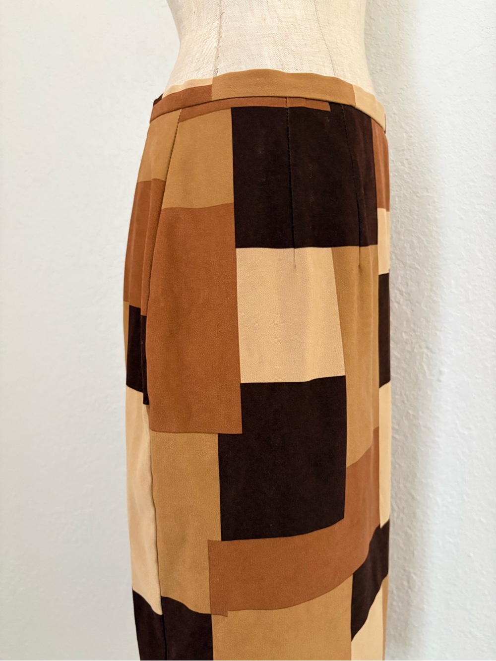 VTG 90s Y2k Brown Patchwork Geometric Midi Straight Skirt Brown Tan 16 - Picture 10 of 14